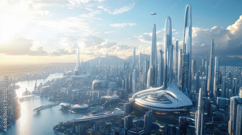 Futuristic cityscape with skyscrapers and river. Futuristic cityscape with skyscrapers and river.