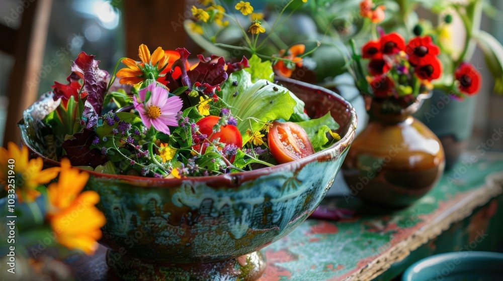 Vibrant salad bowl with fresh vegetables and edible
flowers displayed on a rustic table. Vibrant salad bowl with fresh vegetables and edible
flowers displayed on a rustic table.