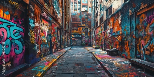 Colorful graffiti alleyway with brick walls.