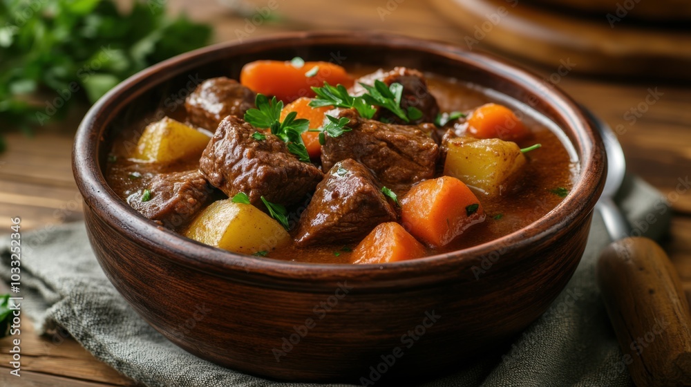Thick and flavorful beef stew with tender beef, carrots, and potatoes, garnished with parsley and served in a cozy setting. Thick and flavorful beef stew with tender beef, carrots, and potatoes, garnished with parsley and served in a cozy setting.