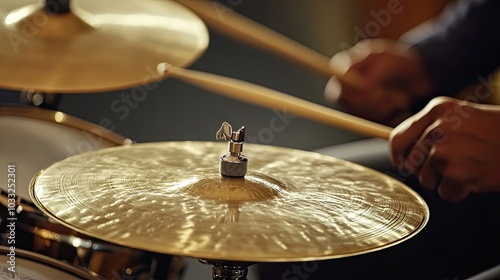 Close-up of a Golden Cymbal with a Drummer's Hand in the Background photo