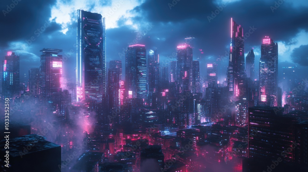 Fototapeta premium Neon-lit skyscrapers in a futuristic city.