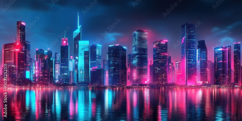Neon-lit skyscrapers reflected in water. Neon-lit skyscrapers reflected in water.