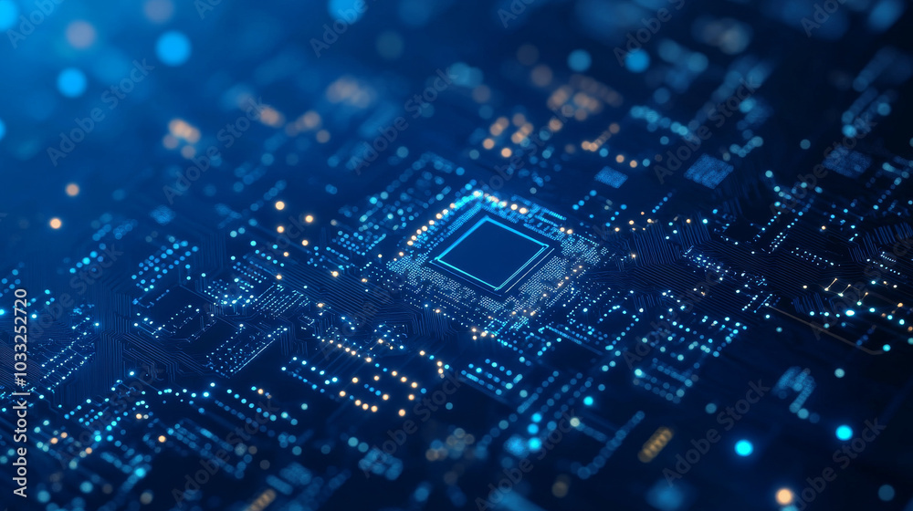 A dark blue background featuring a circuit board and a computer processor.low poly digital wireframe. A dark blue background featuring a circuit board and a computer processor.low poly digital wireframe.