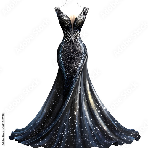 A  black sleek and elegant mermaid style dress with sequins, fashion