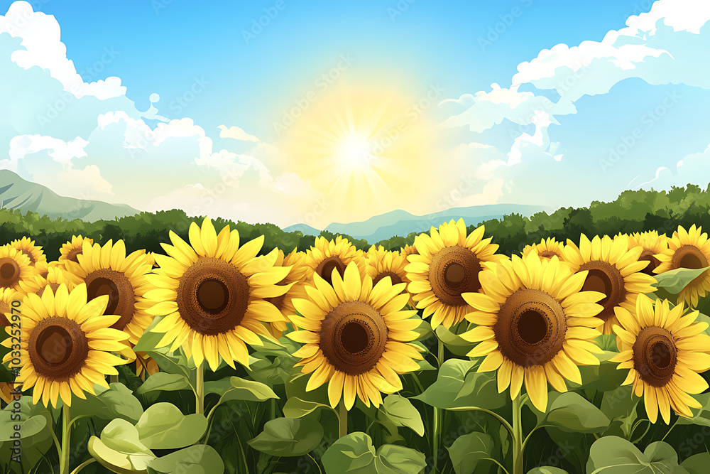 A vibrant field of sunflowers under a bright sun and blue sky, evoking joy and nature's beauty. A vibrant field of sunflowers under a bright sun and blue sky, evoking joy and nature's beauty.