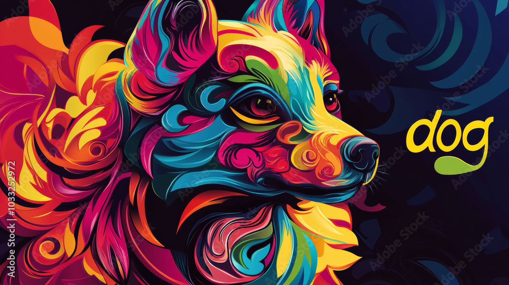 A colorful, digital dog with Chinese design elements represents the Chinese zodiac sign of the dog. The Chinese word beside it means A colorful, digital dog with Chinese design elements represents the Chinese zodiac sign of the dog. The Chinese word beside it means