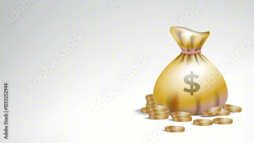 Animated video of golden money bag with a dollar sign and a pile of golden coins on a white background with blank space for text, symbolizing wealth, savings, financial success and abundance