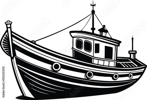 Black and white Traditional Maltese fishing boat, Vector illustration on white background.