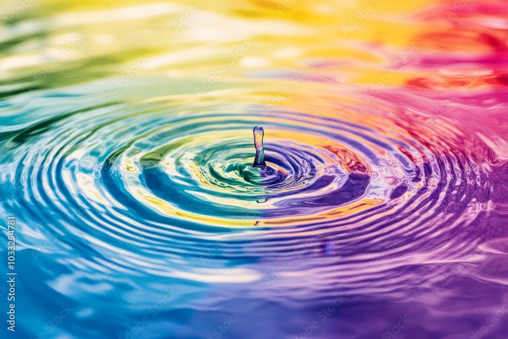 A single drop of water falls into a colorful liquid, creating concentric ripples. A single drop of water falls into a colorful liquid, creating concentric ripples.