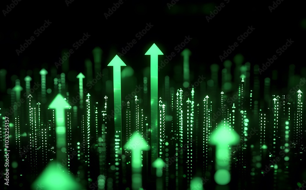 3D render of glowing green arrows pointing upwards on a black background, representing growth and success in business or athletics
