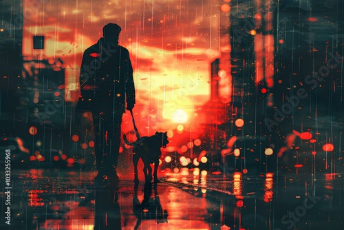A man walking a dog in the rain