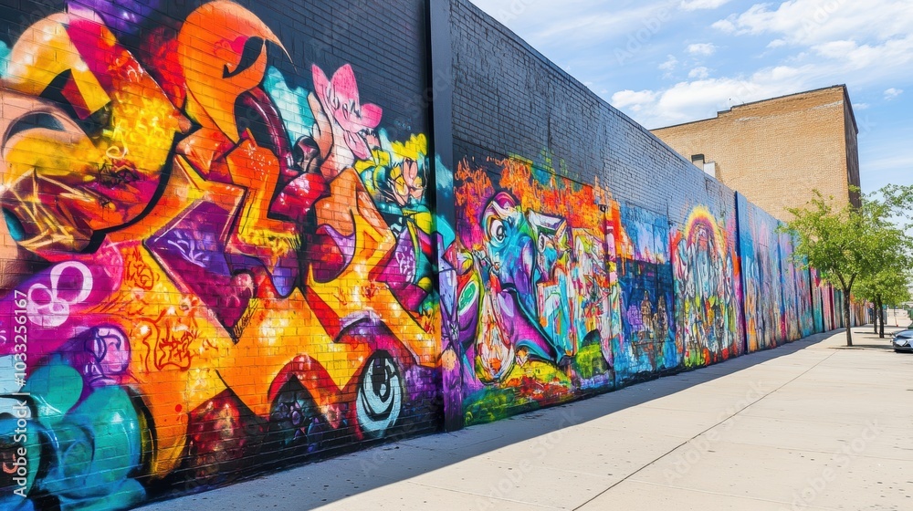 Colorful graffiti art on brick wall. Colorful graffiti art on brick wall.