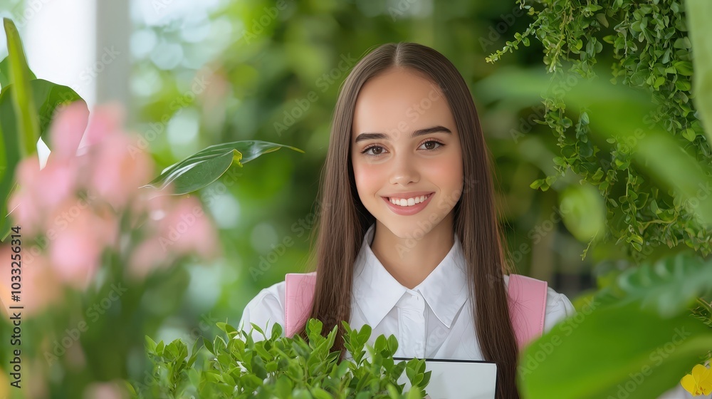 Smiling Student Girl in Lush Greenery   Natural Light  Summer  Education
