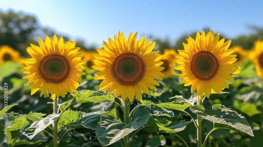 Three Sunflowers Facing the Sun in a Field Three Sunflowers Facing the Sun in a Field