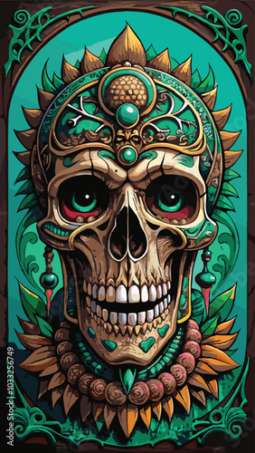 illustration of a skull with Mayan ornaments