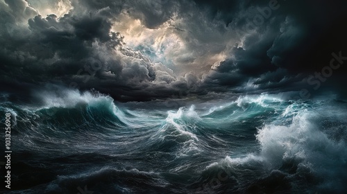 Dark stormy sky over crashing waves.