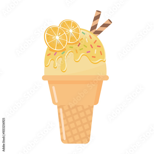 Orange ice cream cone with wafer rolls vector illustration. Fresh fruit and sweet dessert.