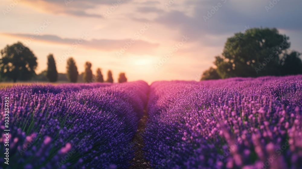 Obraz premium Lavender field at sunset with a blurred background.