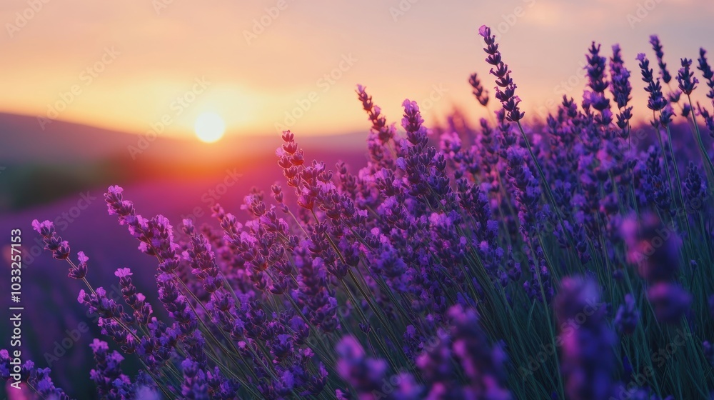 Naklejka premium Purple lavender flowers at sunset.