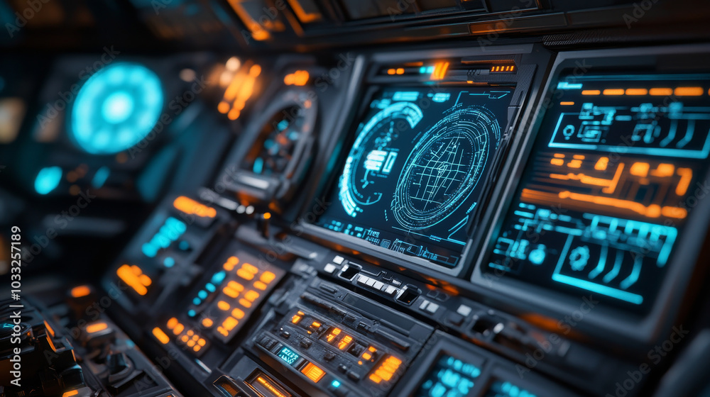 The image shows a spaceship's control panel with futuristic digital displays.low poly digital wireframe. The image shows a spaceship's control panel with futuristic digital displays.low poly digital wireframe.