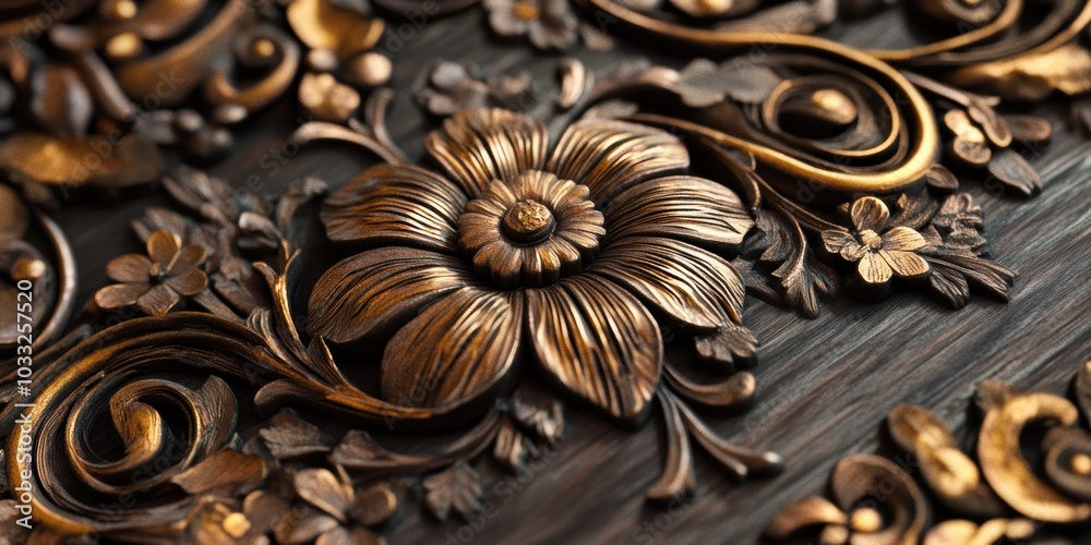 Intricate gold floral carving on wood. Intricate gold floral carving on wood.