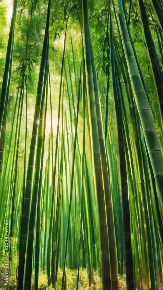 Swaying bamboo grove A slow pan through a dense bamboo forest, as the stems gently sway in the breeze. Sunlight flickers through the leaves, creating dappled shadows. Serene, peaceful. Swaying bamboo grove A slow pan through a dense bamboo forest, as the stems gently sway in the breeze. Sunlight flickers through the leaves, creating dappled shadows. Serene, peaceful.