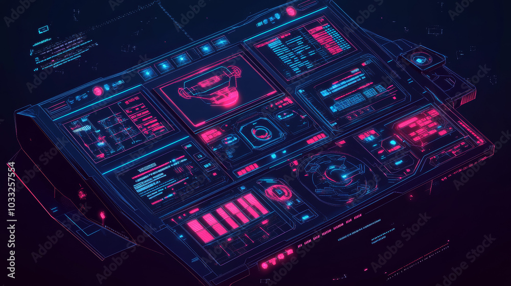 The image shows a spaceship's control panel with futuristic digital displays.low poly digital wireframe. The image shows a spaceship's control panel with futuristic digital displays.low poly digital wireframe.