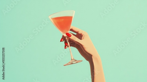 a vintage retro female hand holding a cocktail isolated on a plain background, 1960s and 70s style