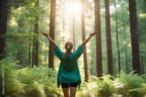 Woman embracing nature in lush green forest