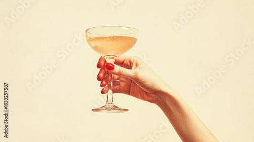 a vintage retro female hand holding a cocktail isolated on a plain background, 1960s and 70s style