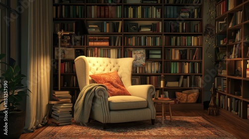 Cozy reading nook with a comfy armchair and bookshelves.