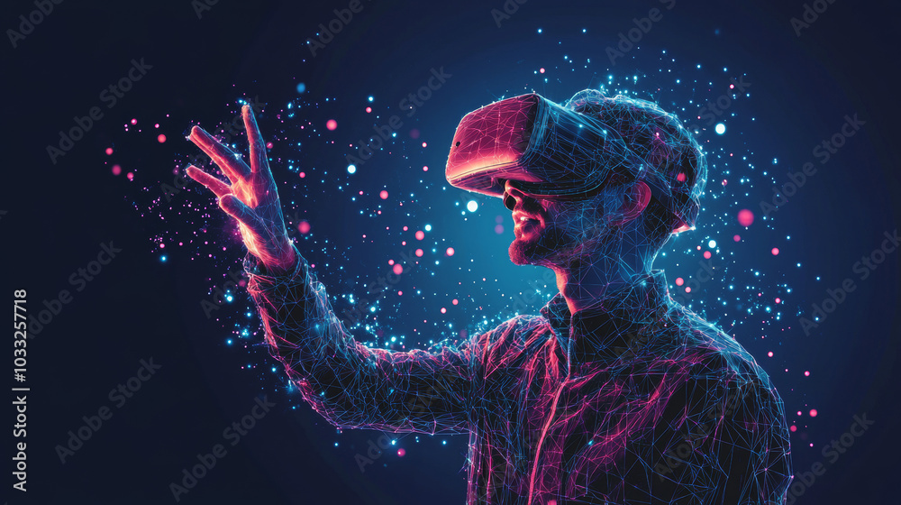 Virtual reality technology lets you experience the Metaverse from a user's perspective. Imagine a futuristic character wearing VR glasses, connected to a digital world.low poly digital wireframe. Virtual reality technology lets you experience the Metaverse from a user's perspective. Imagine a futuristic character wearing VR glasses, connected to a digital world.low poly digital wireframe.