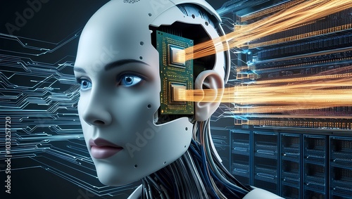 A futuristic AI head, partially disassembled, reveals its advanced chipset and intricate wiring. Glowing code flows into a vast digital network of pulsating processors.
