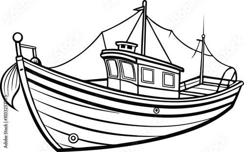 Black and white Traditional Maltese fishing boat, Vector illustration on white background.