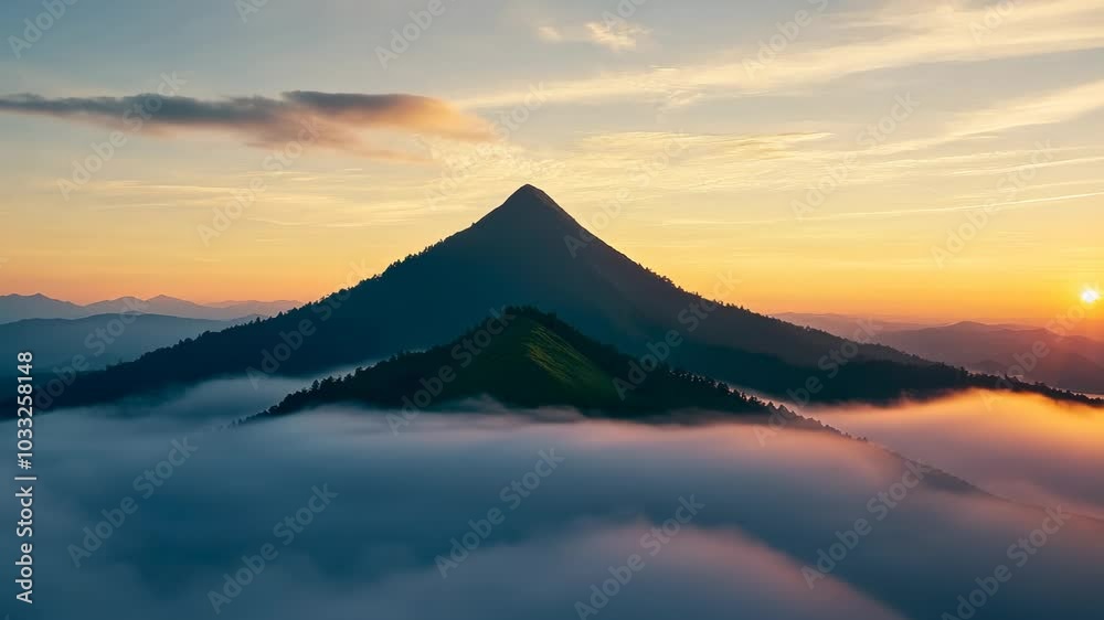 Majestic mountain peak rises above the clouds at sunrise Majestic mountain peak rises above the clouds at sunrise