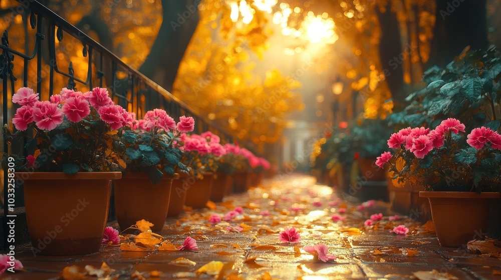 A serene pathway lined with blooming flowers in autumn light. A serene pathway lined with blooming flowers in autumn light.