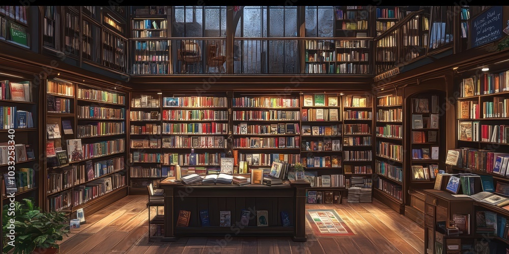 A large library with bookshelves and a table. A large library with bookshelves and a table.