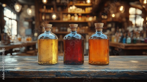 Three glass bottles filled with colorful liquids on a rustic table in a bar setting.