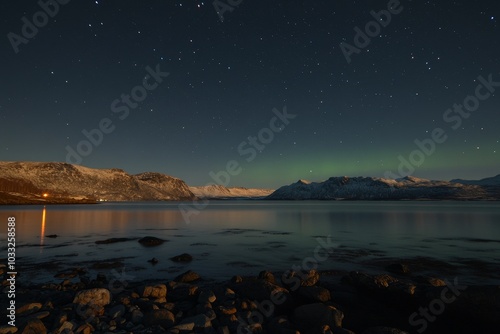 A tranquil night scene featuring a still lake reflecting the glow of the aurora borealis, mountains in the distance, and a starry sky above.