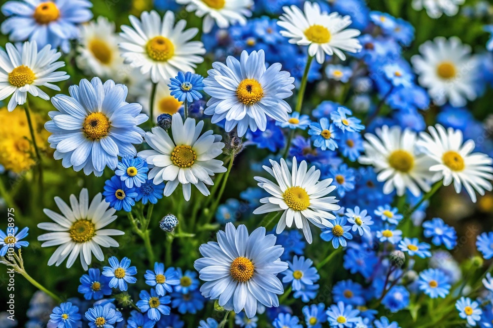 Blue and white wildflowers blooming daisies and forget me not flowers from above high angle Blue and white wildflowers blooming daisies and forget me not flowers from above high angle