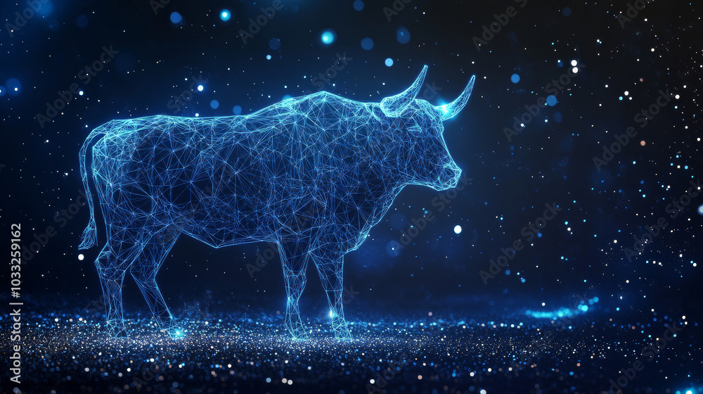 A futuristic image of a bull, made of many small triangles, against a starry galaxy background. It represents the Taurus zodiac sign.low poly digital wireframe. A futuristic image of a bull, made of many small triangles, against a starry galaxy background. It represents the Taurus zodiac sign.low poly digital wireframe.