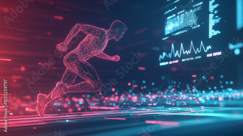 Using technology to analyze and improve athletic performance.  A runner is shown with a screen displaying medical data.low poly digital wireframe.