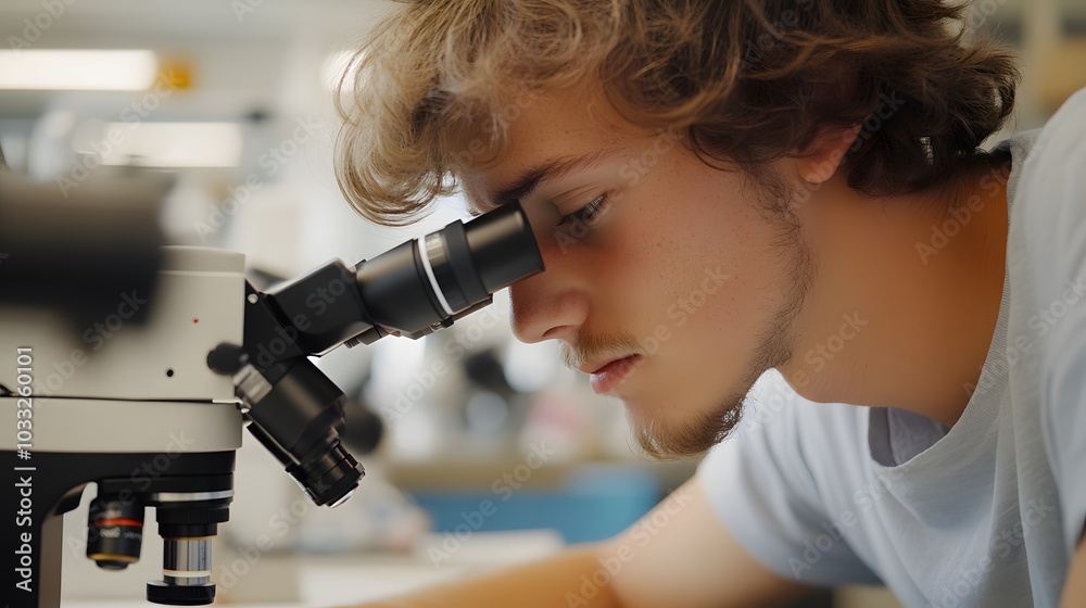 Fototapeta premium Young Man Looking Through a Microscope Lens