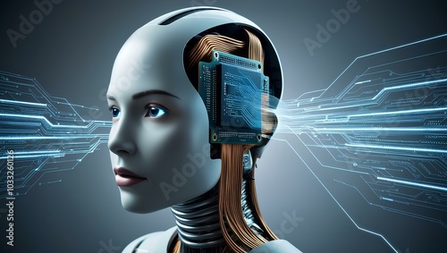 A futuristic AI head, partially disassembled, reveals an advanced chipset and wiring. Glowing code flows from the chipset into a pulsating digital network of processors.