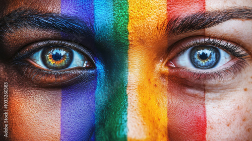 A colorful design featuring close-up photos of eyes, representing unity and equality between people of all backgrounds.  This design is perfect for advertising with its open space for your message. photo