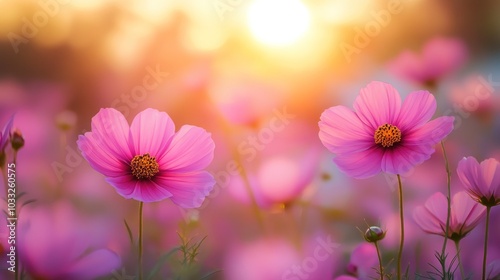 Pink Cosmos Flowers in a Field at Sunset