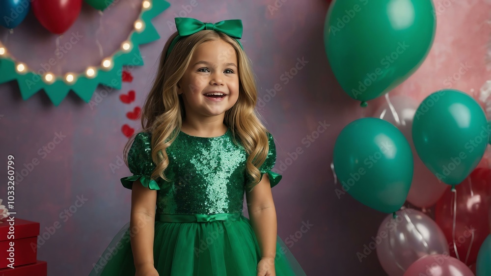 Fototapeta premium Female american girl in green attire on kids background