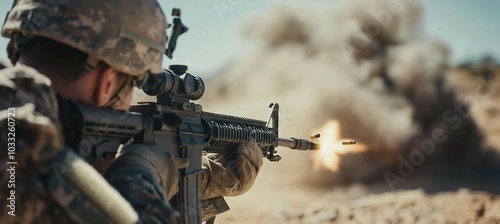 Soldier Firing Rifle with Muzzle Flash and Smoke