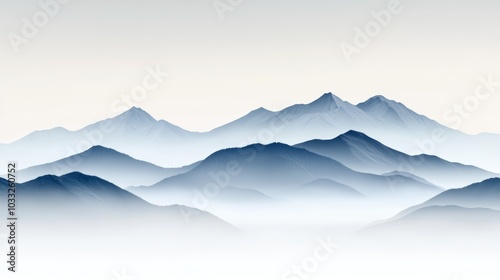 Serene mountains fade into the distance, layered in gentle shades of blue and gray, creating a tranquil and minimalistic landscape.